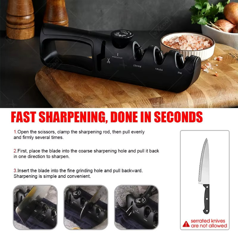 WXCOO 4-in-1 Küchenmesserschärfer in Schwarz mit rutschfestem ergonomischem Griff für Messer und Scheren - Bild 5