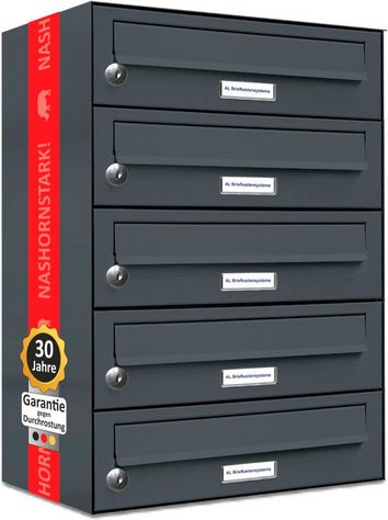 AL Briefkasten für 5 Parteien, Aufputzmontage, grau, B/H/T: 38,5 x 57,5 x 27,5 cm - Bild 1