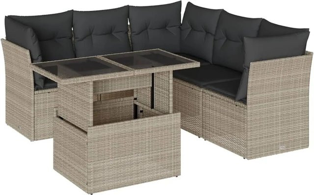 vidaXL 6-teilige Garten-Sofagarnitur aus Polyrattan in Hellgrau mit Tisch und Kissen in L-Form - Bild 1