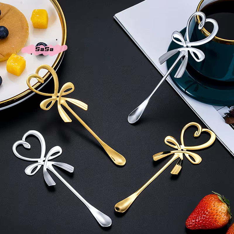 YOWEI Mini Dessertlöffel aus Edelstahl mit 3D Bogen Knoten und Herzform in Gold oder Silber - Bild 2