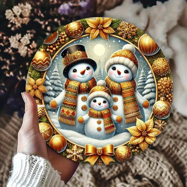 Potdemiel Schneemann-Familie Metallschild Rund, Weihnachtsdeko für Wand und Bar, Durchmesser: 20,32 cm - Bild 1