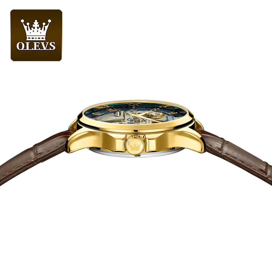 OLEVS Armbanduhr, Automatik, Leder, Gold, Bicolor, Blau, Herren - Bild 3