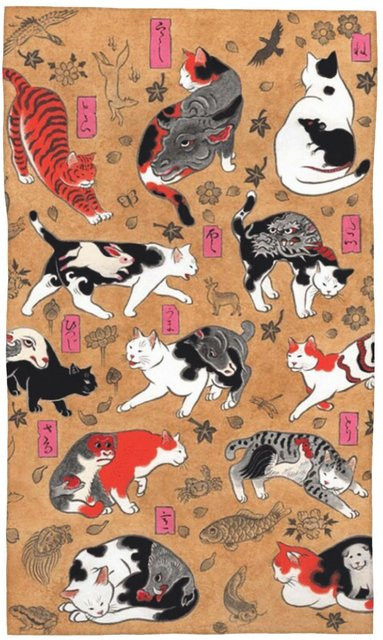 Schnelltrocknendes Baumwollhandtuch mit antikem japanischem Holzschnitt Katzen-Motiv, B: 40 cm, H: 60 cm - Bild 1
