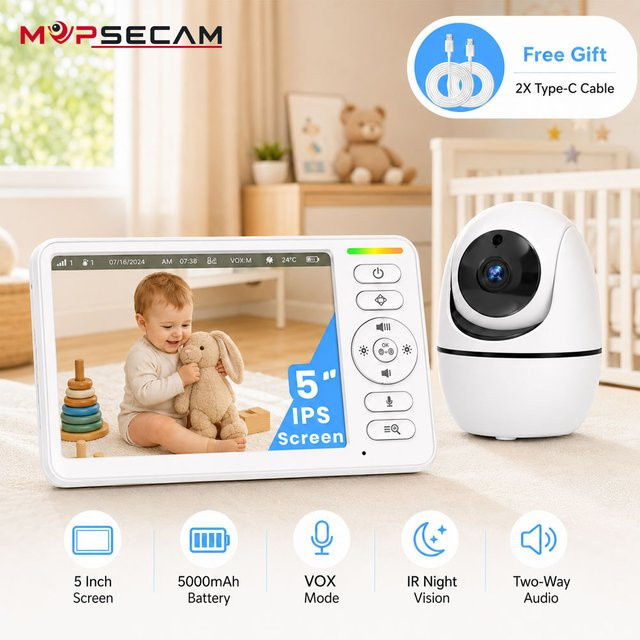 MvpSecam Video-Babyphone mit 5-Zoll-IPS-Bildschirm, kabelloses Babyüberwachungssystem in Weiß mit Infrarot-Nachtsicht, Zwei-Wege-Audio und VOX-Soundaktivierung sowie wiederaufladbarer 5000mAh Elterneinheit - Bild 1