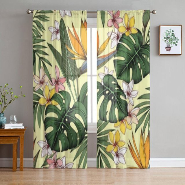 Super Six Sheer Vorhang mit Plumeria, Monstera und Palme Motiv in Grau und Multicolour, B/H: 135 x 114 cm - Bild 1