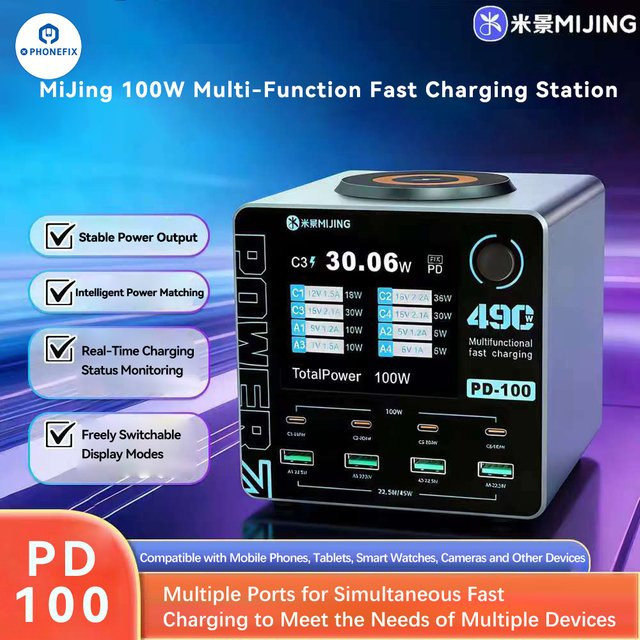 MIJING PD100 Smart-Ladestation mit digitaler Anzeige, kabellosem Laden und USB-Hub mit 4 USB-A und 4 Typ-C Anschlüssen für Smartphones, PCs, Uhren und iPads - Bild 1