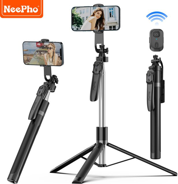NeePho NP-Z12 Selfie-Stick Stativ in Schwarz mit Bluetooth-Fernbedienung, 360 Grad Drehvorrichtung und verstärkter Basis für Telefon und Kamera, Höhe: 183 cm - Bild 1