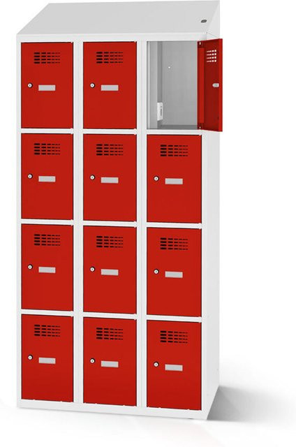 rotstahl Fächerschrank mit Ladefunktion in Rot mit lichtgrauem Korpus, 12 Fächer (3x4), B: 120 cm, H: 200 cm - Bild 1