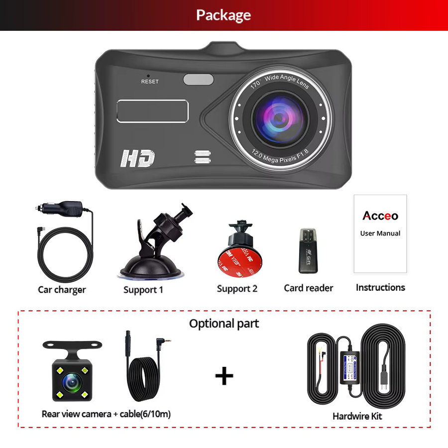 E-ACE B12 Dash Cam Full HD 1080P mit Touchscreen, WDR, G-Sensor und Nachtsicht in Schwarz - Bild 6