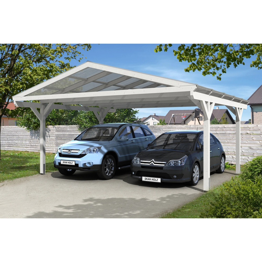 Skan Holz Carport Westerwald aus Fichten-Leimholz in Weiß mit Doppelstegplatten und spitzer Dachform, B/T: 570 x 541 cm - Bild 2