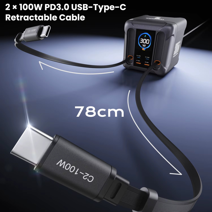 ASOMETECH 300W GaN USB-Ladestation in Schwarz mit LED-Anzeige und einziehbarem USB-C-Kabel, 100W 65W PD3.0 PPS Schnellladegerät für Macbook und Samsung - Bild 4