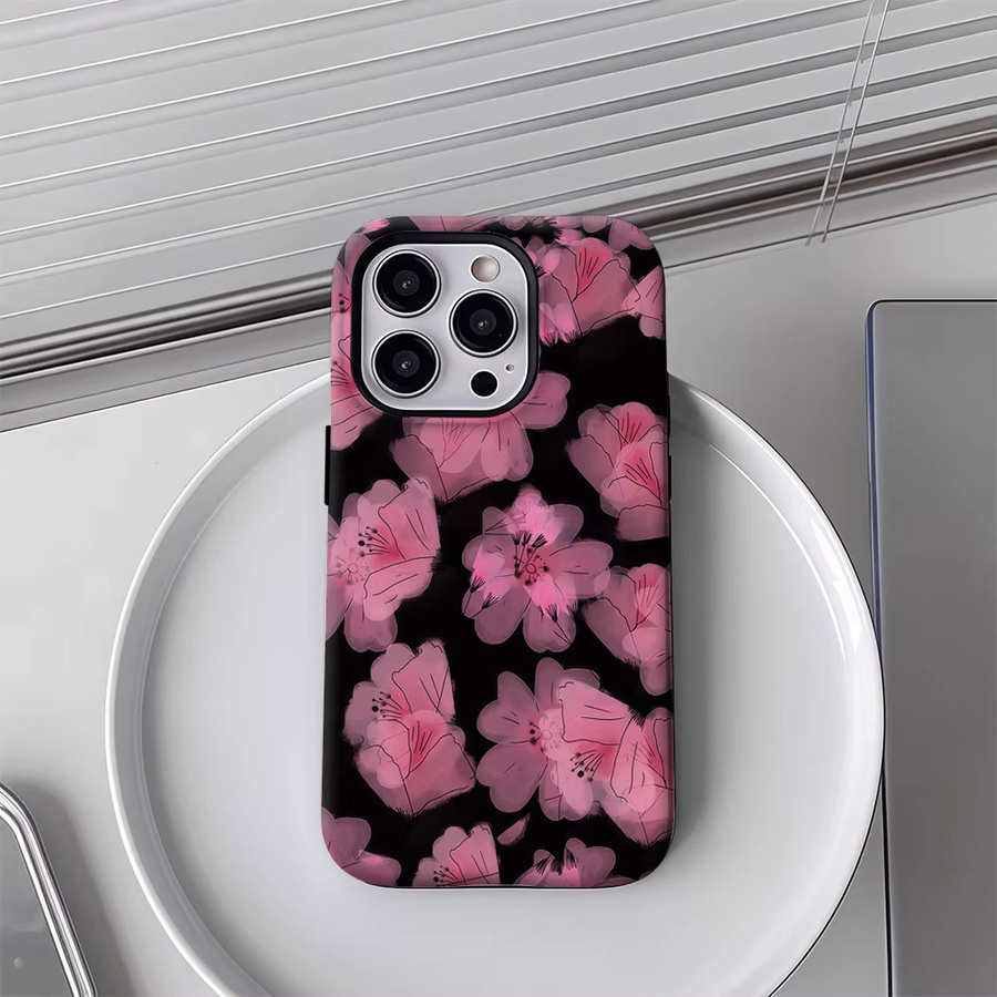 Apple iPhone Schutzhülle mit rosa Blumen auf schwarzem Hintergrund, doppelschichtige Rückabdeckung für iPhone 17/16/15/14/13/12 Pro Max Plus - Bild 4