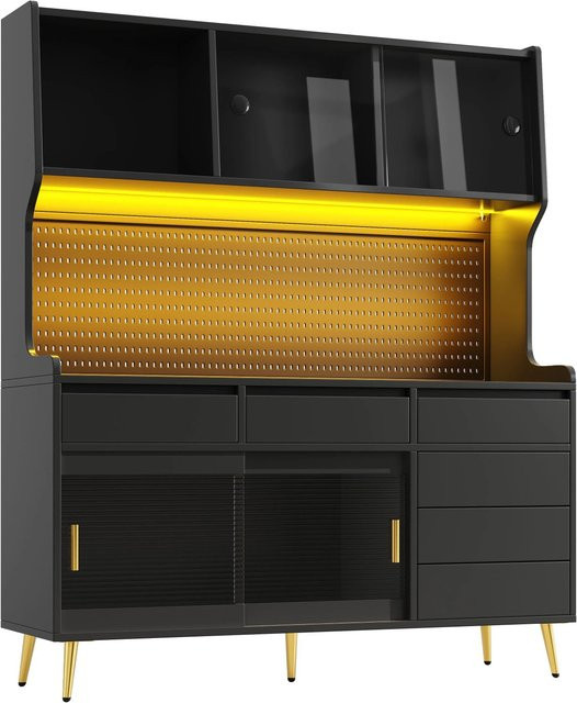 Merax Hochschrank in Schwarz mit LED-Beleuchtung und App-Steuerung, Industrial Design mit Glastüren und Lochwand, B/T/H: 145 x 39 x 171 cm - Bild 1