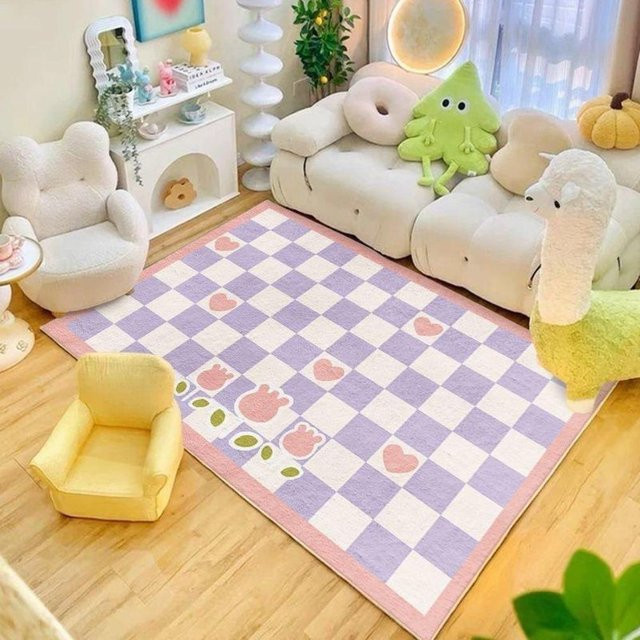 Karpetti Wohnzimmerteppich Schachbrett Design in Lila, weicher und waschbarer Teppich für Schlafzimmer und Lounge, B/T: 60 x 90 cm - Bild 1