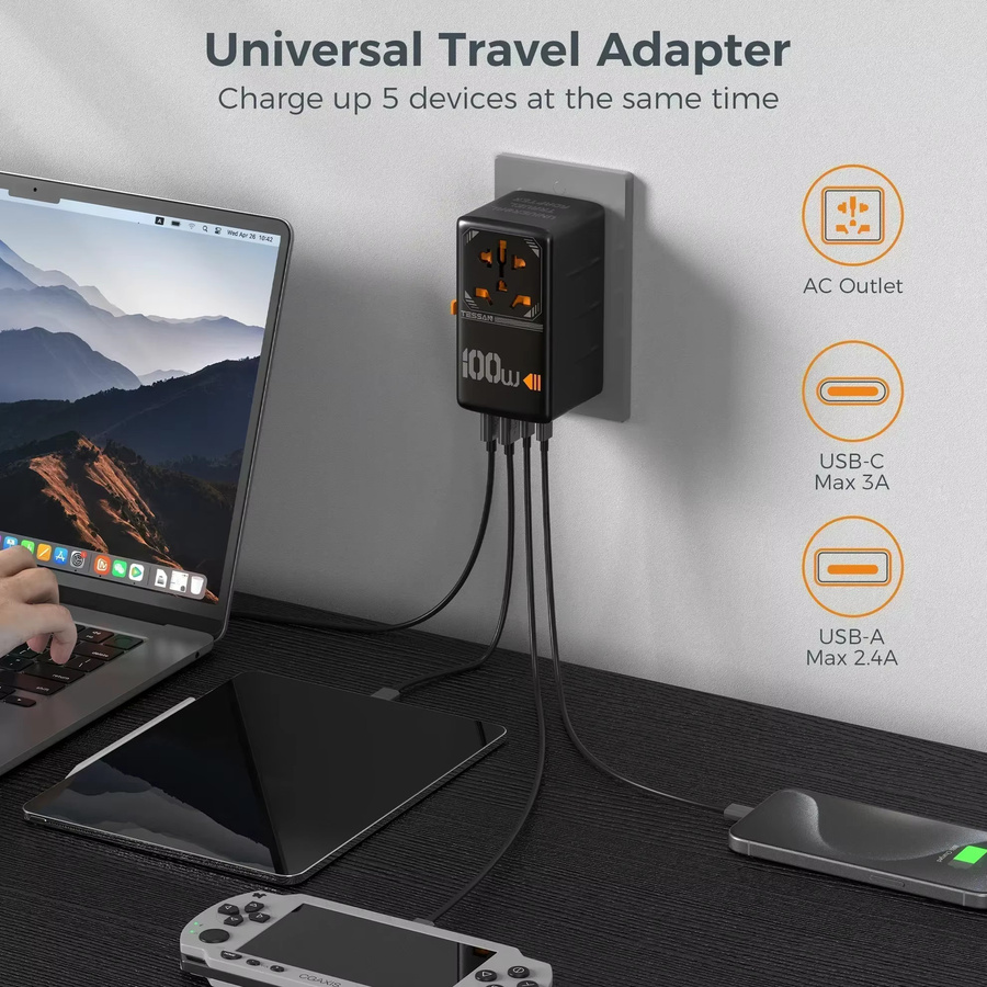 TESSAN 100 W GaN Universal-Reiseadapter mit USB und USB-C für schnelles Aufladen, internationaler Steckeradapter mit EU, UK, USA und AUS Anschlüssen - Bild 3