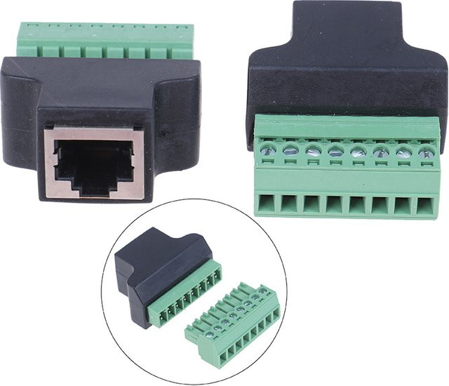 RJ45 auf Schraubklemmenadapter in Schwarz, RJ45-Buchse auf 8-poligen Stecker für CCTV und DVR - Bild 1