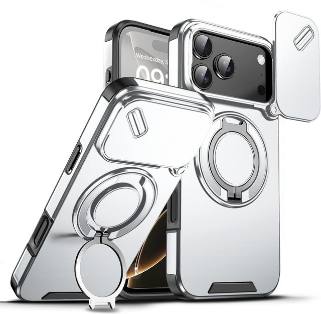 Robuste magnetische Handyhülle mit Ständer und Schiebe-Kameraschutz für iPhone 17 Air, 17E, 16E, 16 Plus, 15, 14, 13, 12, 11 Pro Max mit MagSafe Kompatibilität in Transparent/Silber - Bild 1