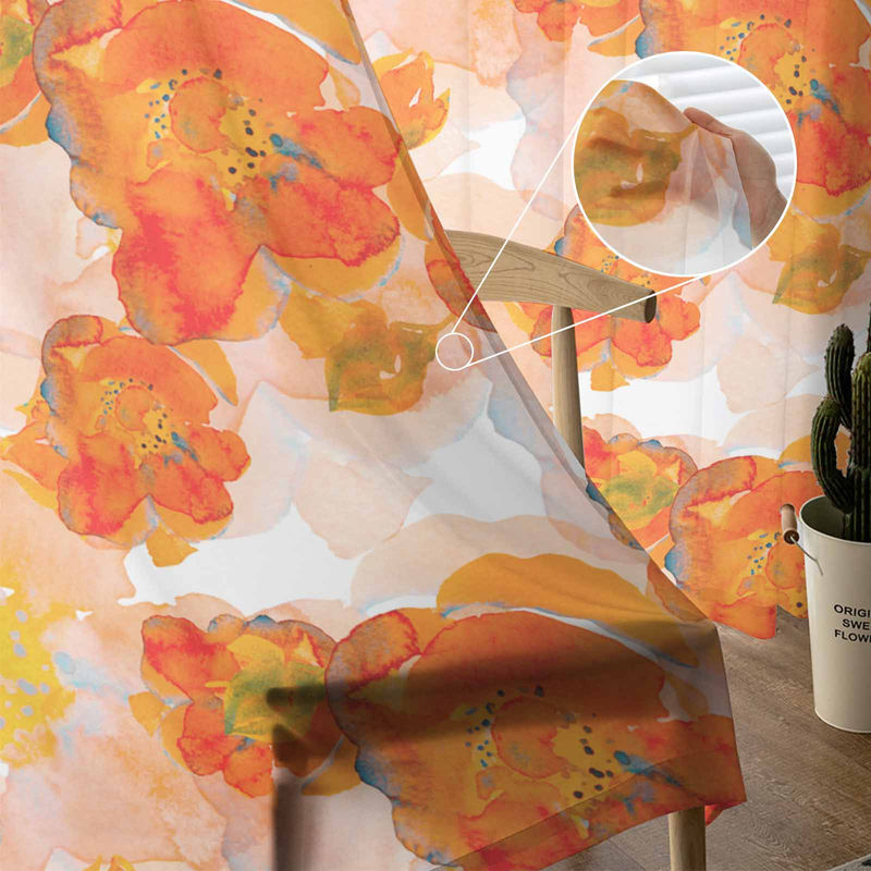 Super Six Chiffon-Fenstervorhang mit handgemaltem orangefarbenem Aquarell-Blumenmuster, transparent, B: 135 cm, H: 160 cm - Bild 3