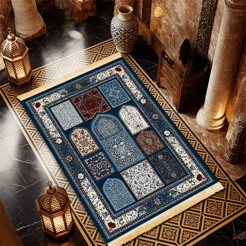 VIKAMA Islamischer Gebetsteppich mit Fransen, rutschfest, blau, orientalisches Design - Bild 2