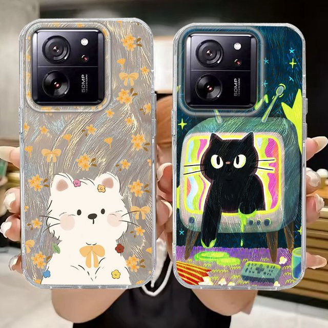 Handyhülle mit Cartoon Katze und Blumen für Xiaomi 13T 14T Pro 11 Lite Poco X5 X6 X7 M6 C65 C61 M5S in Schwarz - Bild 1
