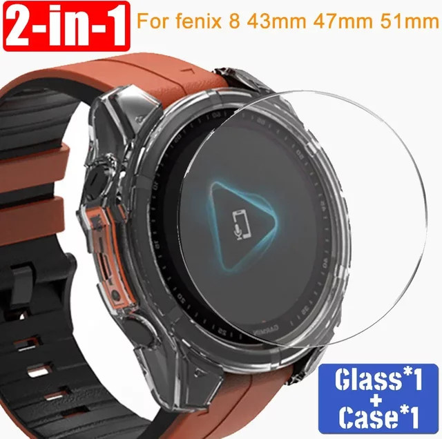 OAKCHARM Schutzhülle mit gehärtetem Glas für Garmin Fenix 8 (51 mm, 43 mm, 47 mm) in Transparent, TPU-Gehäuse mit Anti-Kratz-Stoßstange - Bild 1