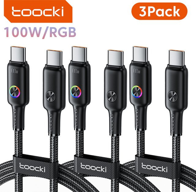 Toocki 3er-Pack 100W USB-C auf USB-C Schnellladekabel mit RGB-Beleuchtung in Schwarz - Bild 1