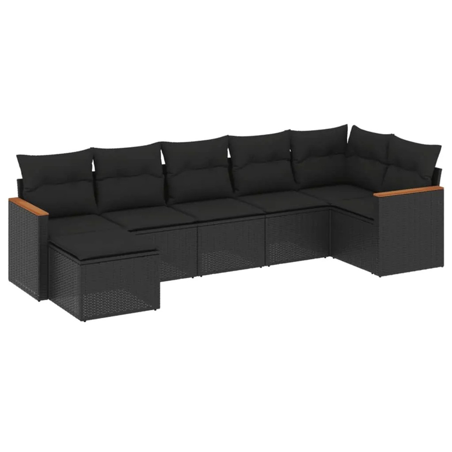 vidaXL 7-tlg Garten-Sofagarnitur in L-Form aus schwarzem Poly-Rattan mit Kissen und pulverbeschichtetem Stahlgestell - Bild 2