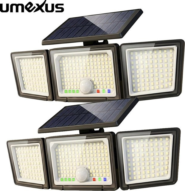 UMEXUS Solar-Außenleuchten Set mit Bewegungssensor, 286 LED Sicherheitsflutlicht in Schwarz, 3500LM mit 3 Beleuchtungsmodi und visueller Batteriestandsanzeige für Garten, Terrasse und Balkon - Bild 1