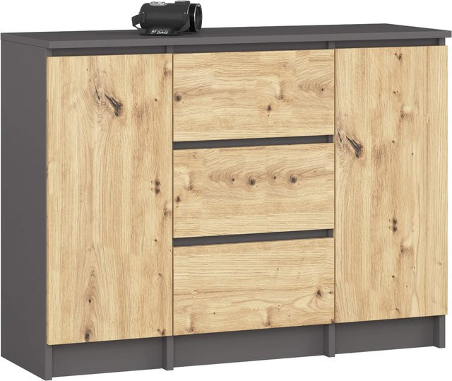 AKORD K100 Kommode in Graphitgrau und Eiche Artisan matt mit 2 Türen, 3 Schubladen und 4 Regalen, B/T/H: 101 x 35 x 76 cm - Bild 1