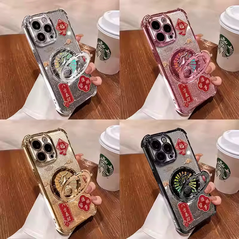 HEIYOU Handyhülle mit drehbarem Ständer für iPhone 17 Pro Max 16 15 Plus 14 13 12 11 XS Max, Rot Transparent Glitzer-Karton-Design - Bild 4