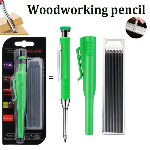 JOMPENS Zimmermannsbleistift-Set mit 2,8 mm 2B Graphitminen, Grün, inklusive Schutzhülle und Anspitzer für professionelle Holzbearbeitung - Bild 1