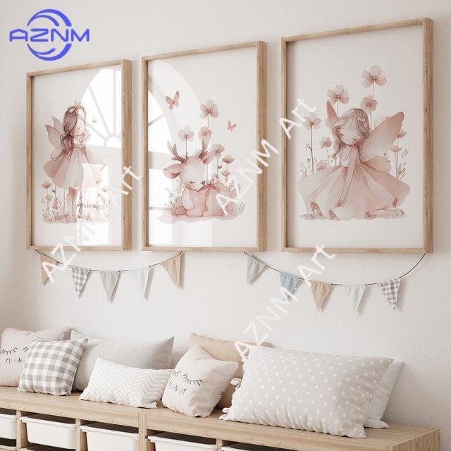 Potdemiel Leinwandgemälde für Kinder Rosa Fee und Sika-Hirsch Wandkunst Poster zur Wohnzimmer Dekoration - Bild 1