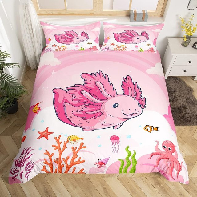 Axolotl Bettbezug Set Rosa mit Kissenbezügen im Kawaii Wildtier Design, B/H: 140 x 210 cm - Bild 1