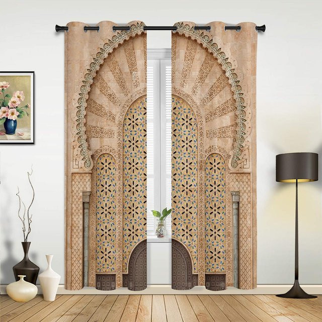 Semi-transparente Vorhänge mit Holztür-Vintage-Textur in Beige für Wohnzimmer, Schlafzimmer oder Küche, Breite: 135 cm, Höhe: 115 cm - Bild 1