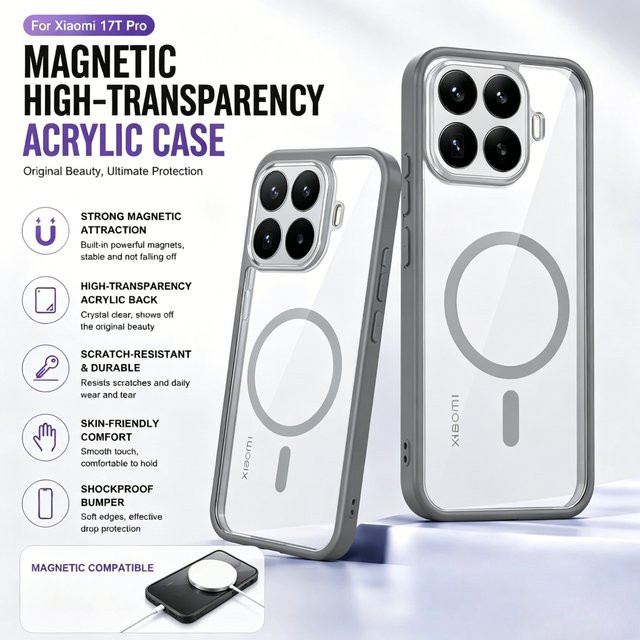 Transparente HD Magnetische Handyhülle für Xiaomi 17T und 15T Pro mit Magsafe Kompatibilität und stoßfestem TPU Schutzrahmen in Transparent und Grau - Bild 1