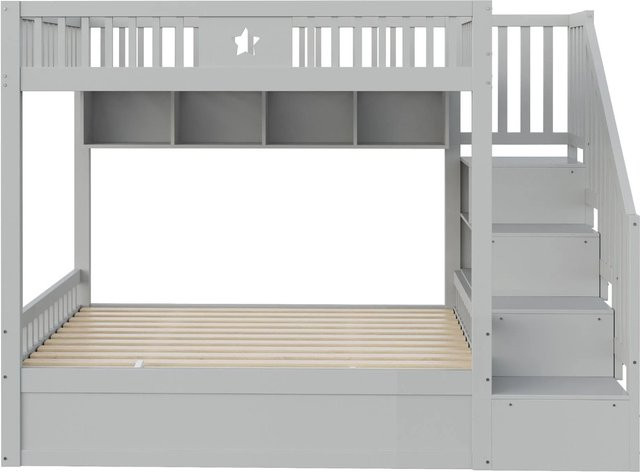 Merax Hochbett für Kinder aus Holz und MDF mit Stauraumtreppe und Lift-up-Basis, Grau/Weiß, B/T/H: 200 x 140 x 145 cm - Bild 1