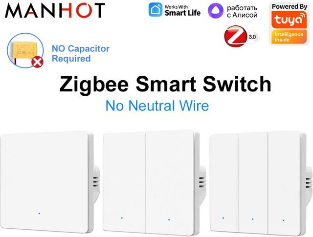 Manhot Zigbee 3.0 Smart Life Druckknopf-Lichtschalter ohne Neutralleiter für Tuya, Alexa, Google Home und Yandex Alice - Bild 1