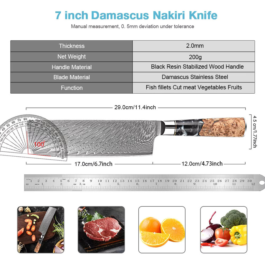 XITUO Nakiri-Messer aus Damaszener Stahl mit Holzgriff, 17,78 cm, Mehrfarbig - Bild 2