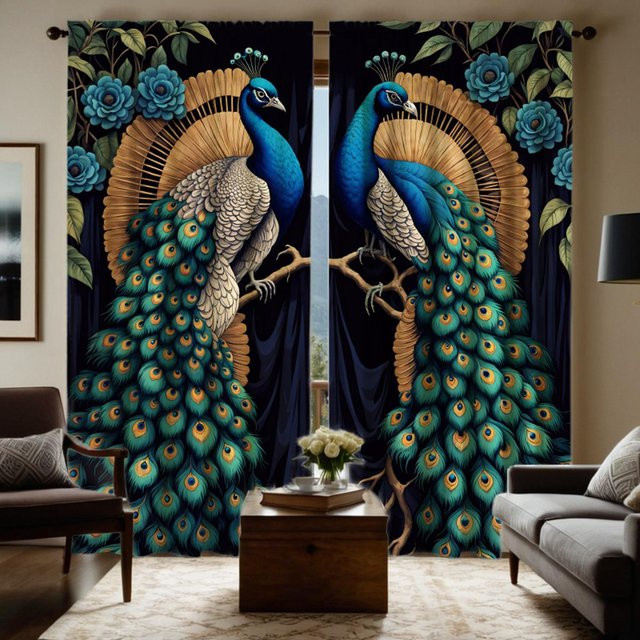 2er-Set halbtransparente Vorhänge mit blauem Pfauen-Design für Wohnzimmer und Schlafzimmer, Breite: 132 cm, Höhe: 213 cm - Bild 1