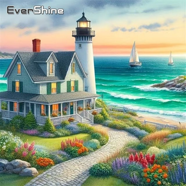 EverShine Diamantmalerei Leuchtturm-Landschaft Stickerei-Set mit Küstenmotiv in Multicolour, B/H: 20 x 20 cm - Bild 1