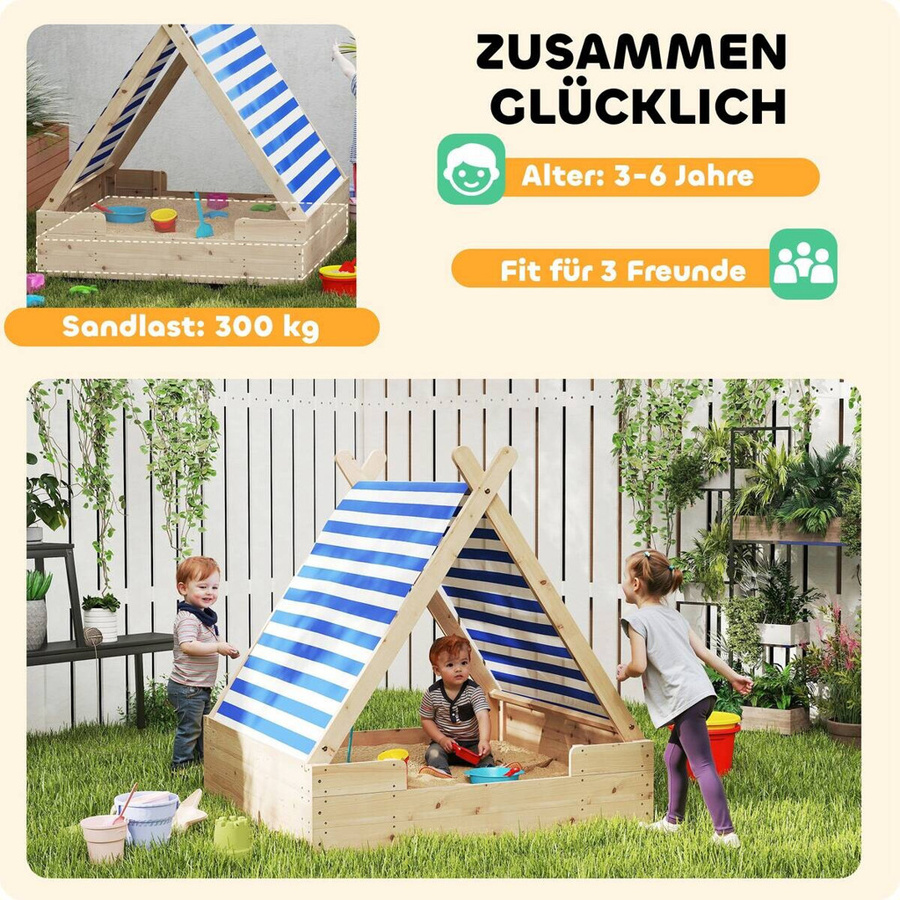 AIYAPLAY Sandkasten in Holzoptik mit gestreiftem Design, B/H/L: 120 x 126,5 x 120 cm - Bild 5