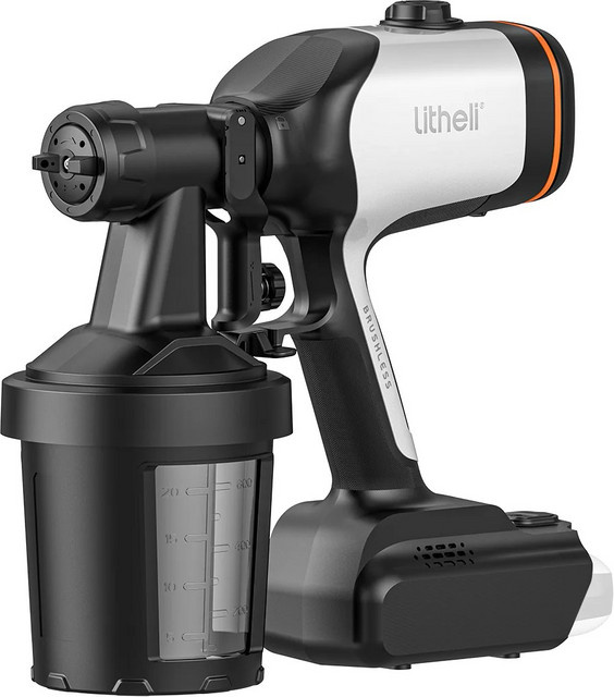 Litheli U20 Akku-Farbsprühgerät 20V mit 4.0Ah Akku, HVLP-Technologie mit einstellbarem Sprühmuster und variablem Durchfluss, inkl. abnehmbarem Behälter, Schwarz-Weiß - Bild 2