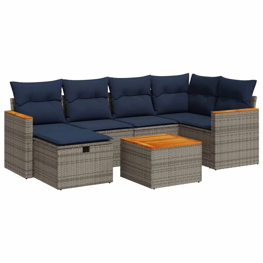 vidaXL 7-teilige Garten-Sofagarnitur aus Poly-Rattan und Akazienholz in Grau mit Kissen - Bild 2