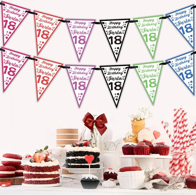 12 Stück Personalisierte Geburtstagsbanner Partydekoration mit Namen und Alter, Mehrfarbige Hängeflaggen aus Papier, 5 m Band - Bild 1