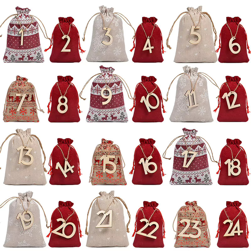 24-teiliges Adventskalender-Set aus Leinen mit Kordelzug in Multicolour für Weihnachtsgeschenke und Süßigkeiten - Bild 4