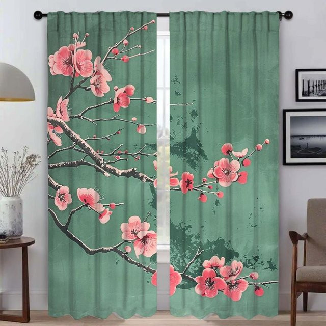 2er-Set Verdunkelungsvorhänge mit floralem Blütenzweig-Design in Grün, semi-transparent, B: 60 cm, H: 90 cm - Bild 1