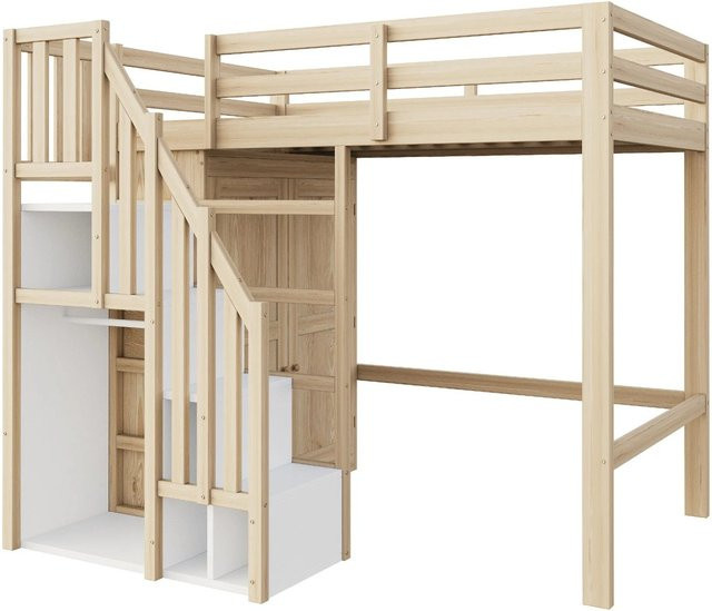 Merax Hochbett für Kinder aus Massivholz mit Stauraumleiter und Seitenfächern, Farbe Braun, B/T/H: 203 x 90 x 145 cm - Bild 1