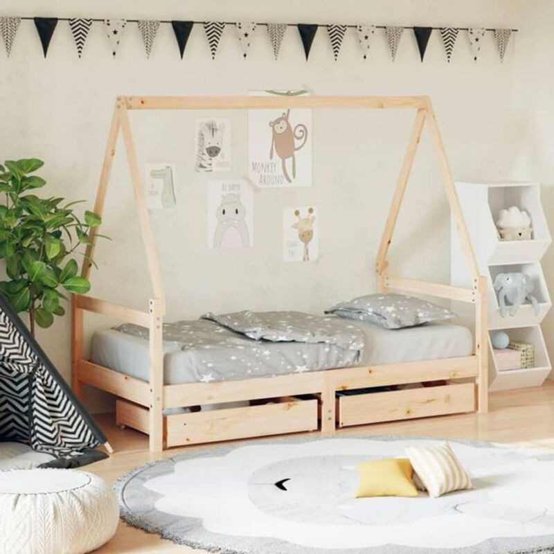 vidaxl Kinderbett aus Massivholz Kiefer mit Schubladen, Farbe: Natur/Braun, B/T/H: 160 x 80 x 85,5 cm - Bild 1