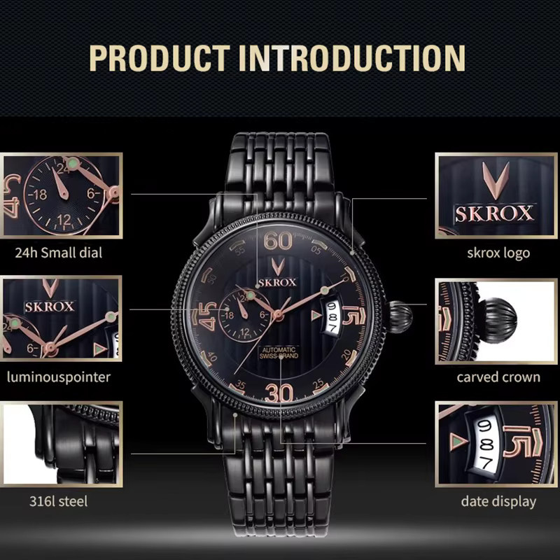 SKROX Armbanduhr Automatik, Edelstahl, Saphirglas, Schwarz, Herren - Bild 5