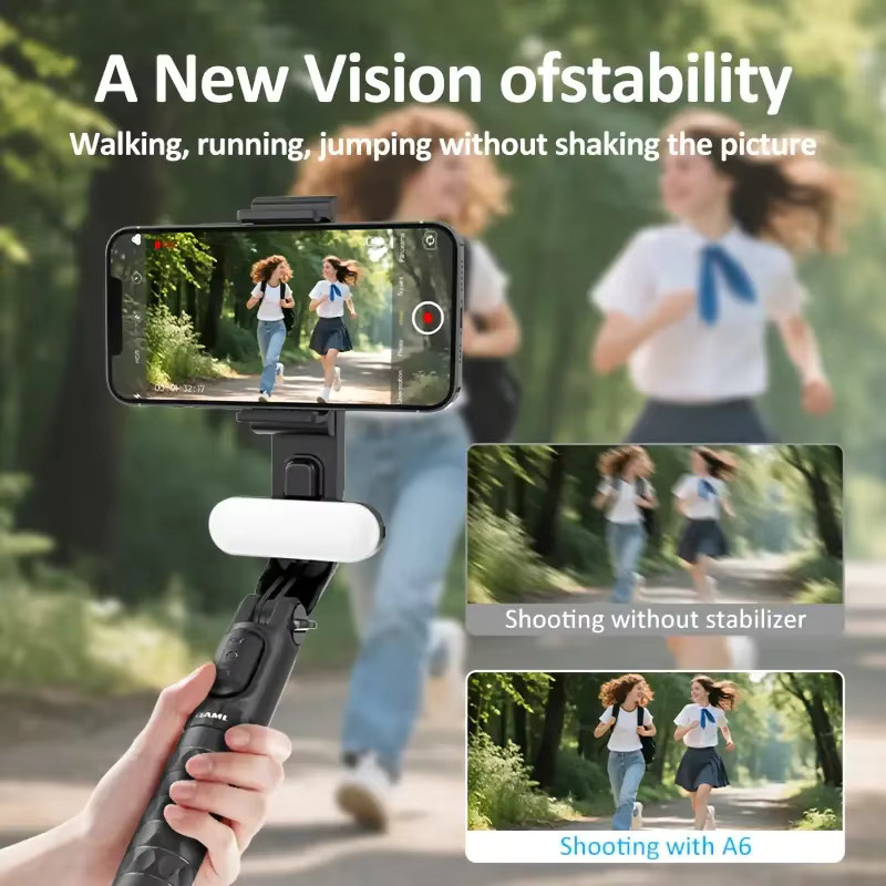 QAML A6 2025 1-Achsen Handheld Gimbal Stabilisator mit Selfie-Stick, Stativ und kabelloser Fernbedienung, Schwarz, iOS-kompatibel - Bild 3